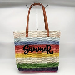 Rainbow Stripes Straw Bag Boho Style Tote Bag Woven Shoulder Bag