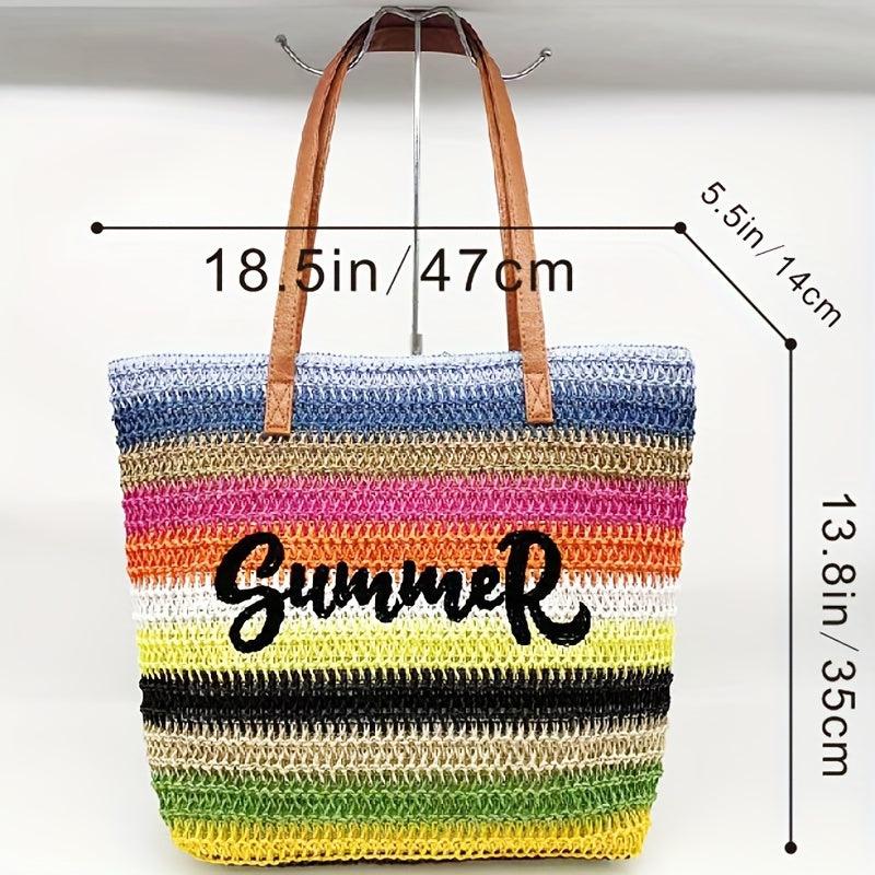 Rainbow Stripes Straw Bag Boho Style Tote Bag Woven Shoulder Bag