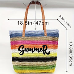 Rainbow Stripes Straw Bag Boho Style Tote Bag Woven Shoulder Bag