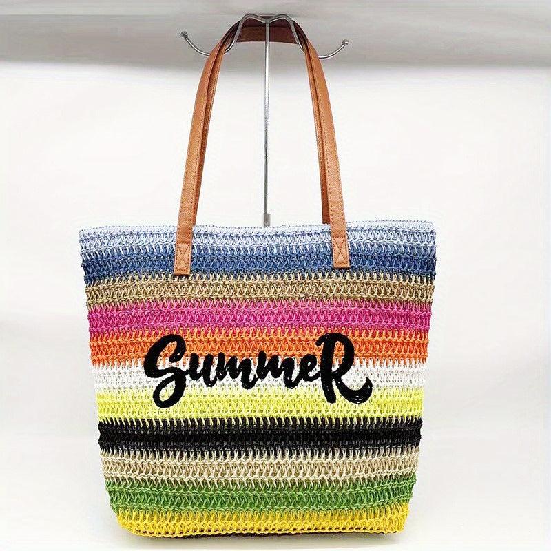 Rainbow Stripes Straw Bag Boho Style Tote Bag Woven Shoulder Bag