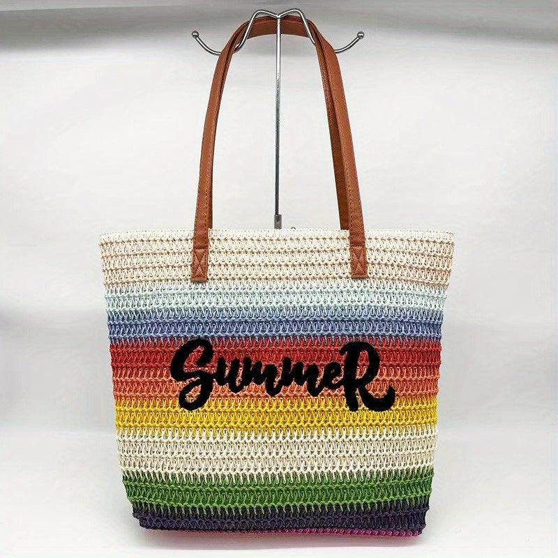 Rainbow Stripes Straw Bag Boho Style Tote Bag Woven Shoulder Bag
