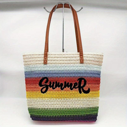 Rainbow Stripes Straw Bag Boho Style Tote Bag Woven Shoulder Bag