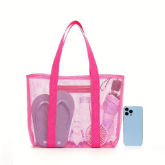 Pink Mesh Large Capacity Tote Bag Summer Beach Storage Bag Lightweight Foldable