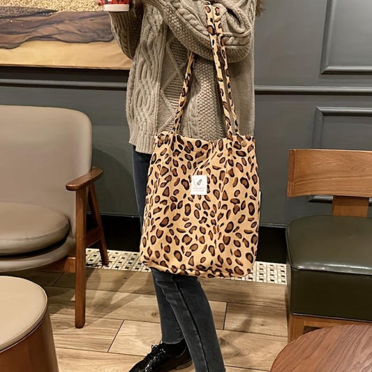 Leopard Print Corduroy Tote Bag Vintage Literary Shoulder Bag Large Capacity