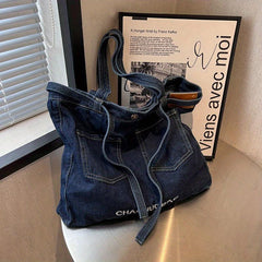 Denim Tote Bag Large Capacity Handbag Double Handle Shopping Shoulder Bag