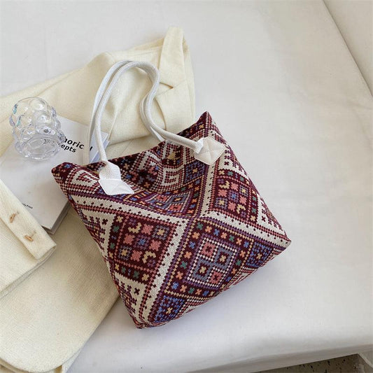 Geometric Pattern Canvas Tote Bag Ethnic Style Shoulder Handbag