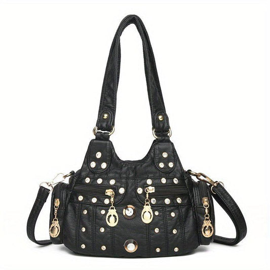 Vintage Colorblock Hobo Shoulder Bag Rivets Decor Zipper Shoulder Bag
