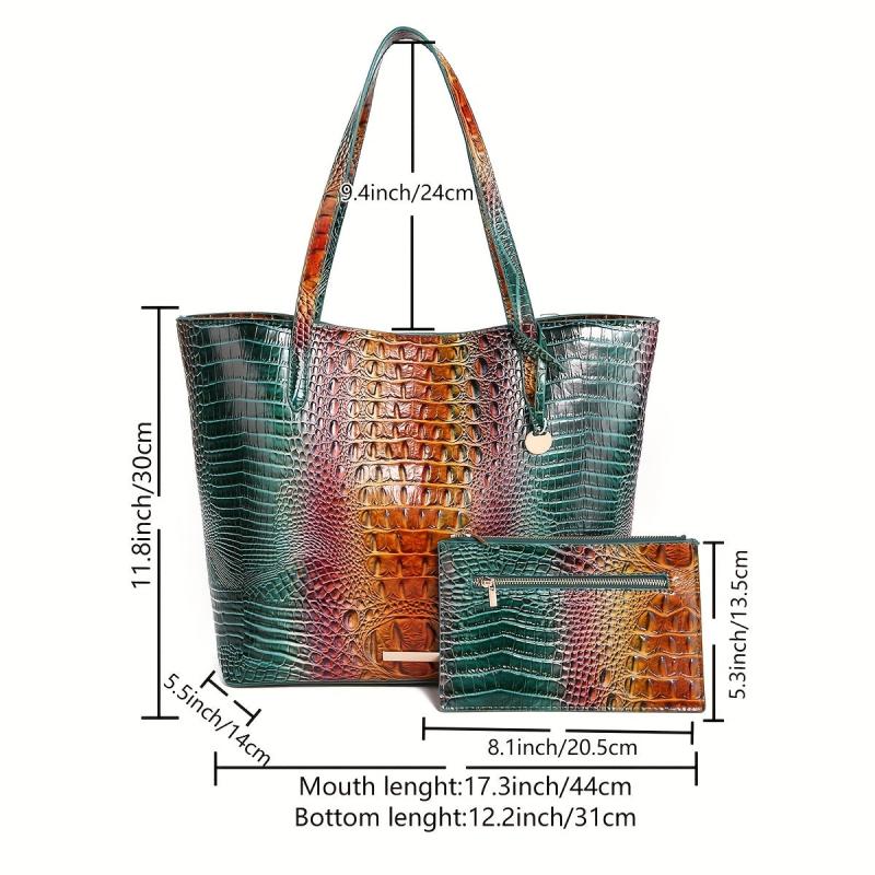 Crocodile Pattern Glossy Tote Bag With Clutch Purse