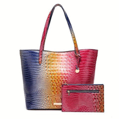 Crocodile Pattern Glossy Tote Bag With Clutch Purse