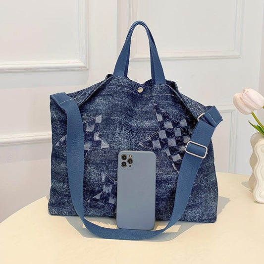 Vintage Star Decor Denim Tote Bag Y2K Grunge Shoulder Purse
