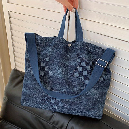 Vintage Star Decor Denim Tote Bag Y2K Grunge Shoulder Purse