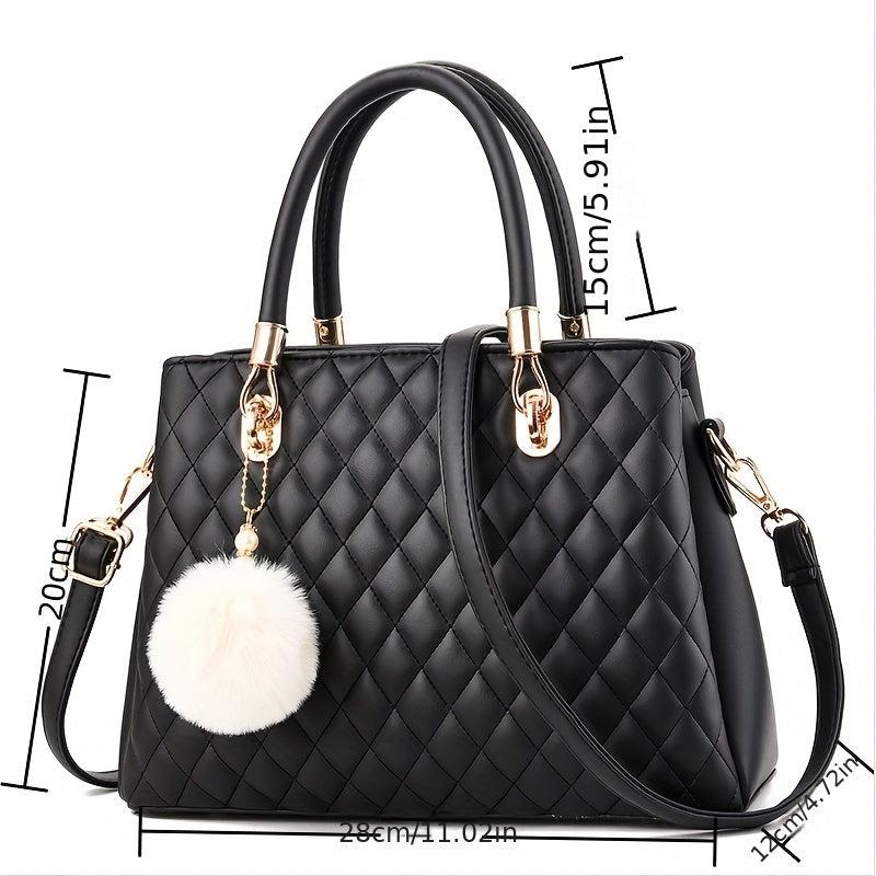 Argyle Quilted Handbags Pompom Decor Crossbody Bag Top Handle Satchel Purses
