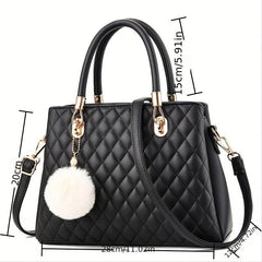 Argyle Quilted Handbags Pompom Decor Crossbody Bag Top Handle Satchel Purses