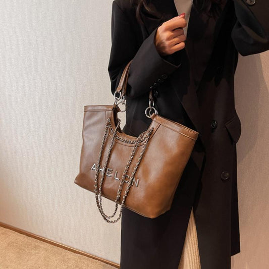 Large Capacity Faux Leather Tote Shoulder Bag with Zipper and Chain