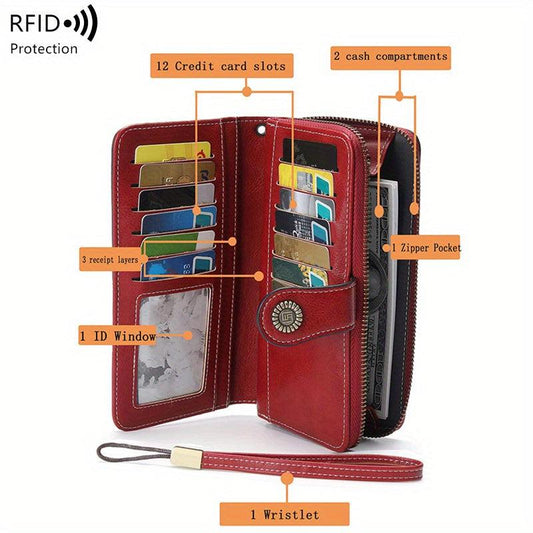 RFID Blocking Long Wallet with Wristlet Retro Style Faux Leather Wallet