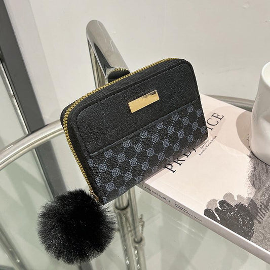 Pompom Decor Zip Around Faux Leather Wallet