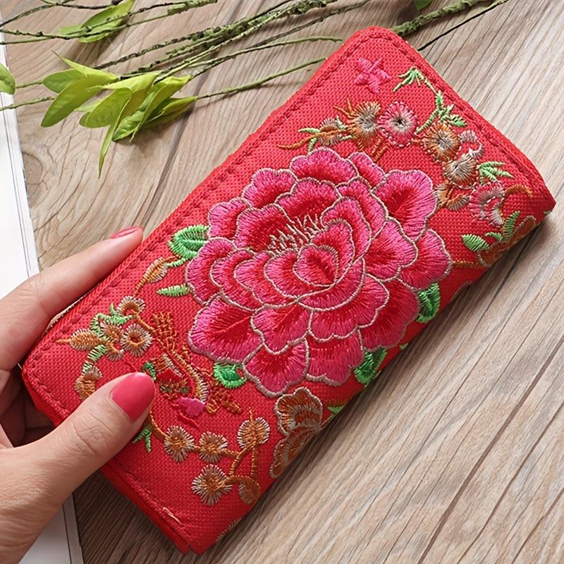 Ethnic Embroidered Long Wallet Zipper Around Purse Coin Purse