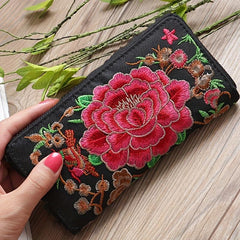 Ethnic Embroidered Long Wallet Zipper Around Purse Coin Purse