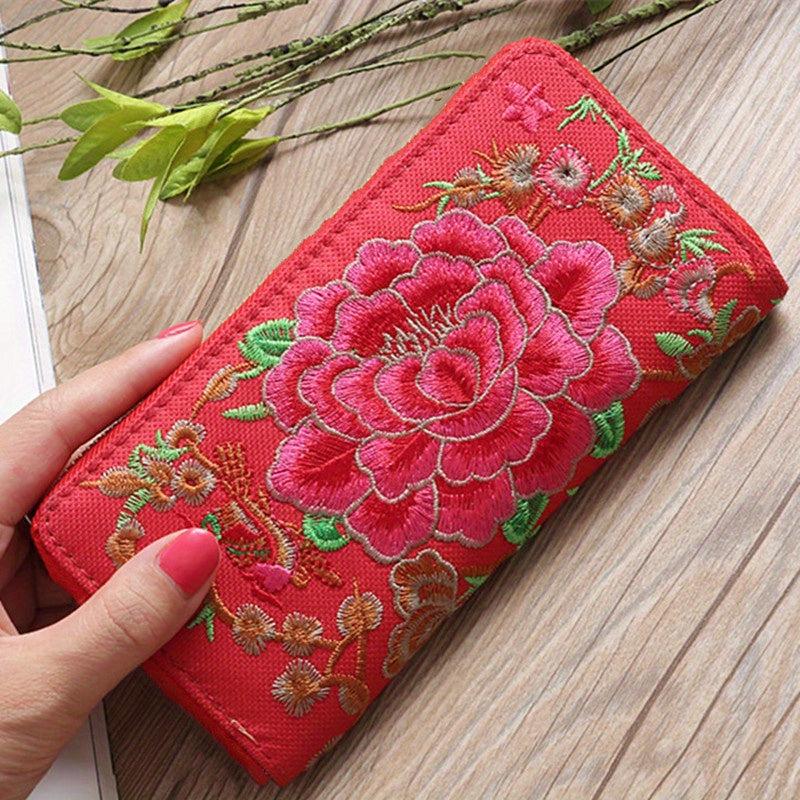 Ethnic Embroidered Long Wallet Zipper Around Purse Coin Purse