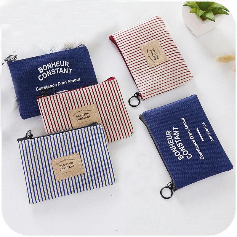 Zipper Canvas Coin Purse Plaid Striped Small Wallet