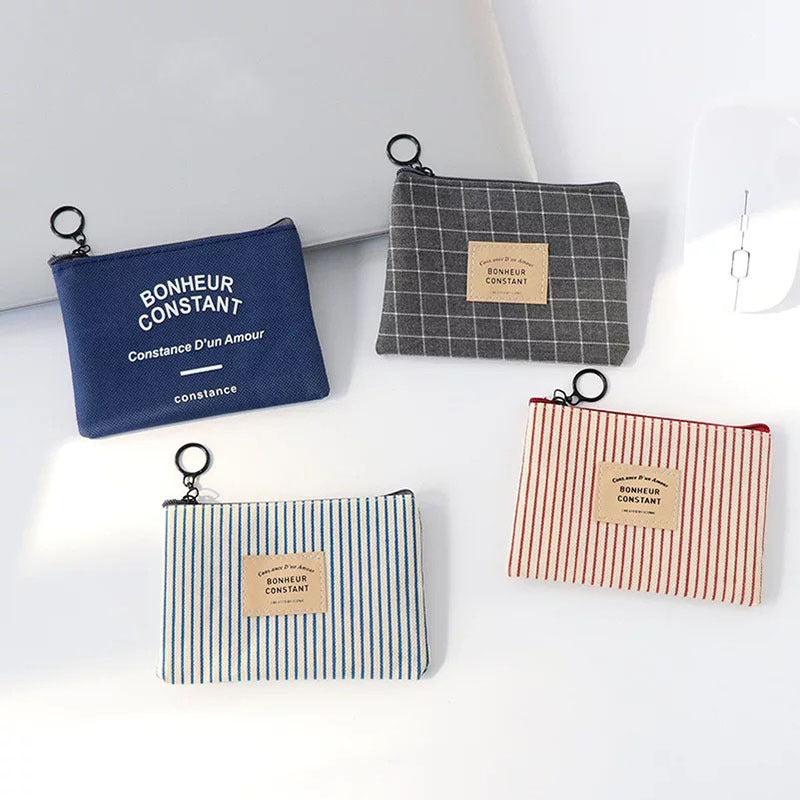 Zipper Canvas Coin Purse Plaid Striped Small Wallet