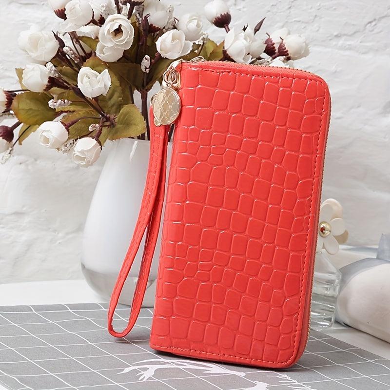 Crocodile Embossed Long Wallet with Double Zipper