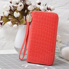 Crocodile Embossed Long Wallet with Double Zipper