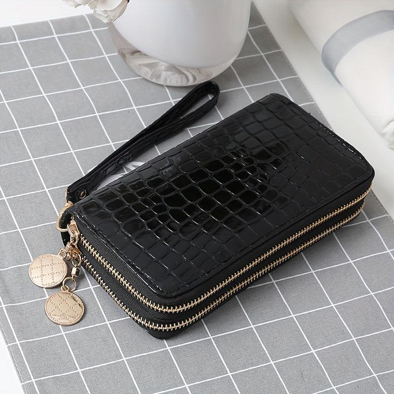 Crocodile Embossed Long Wallet with Double Zipper