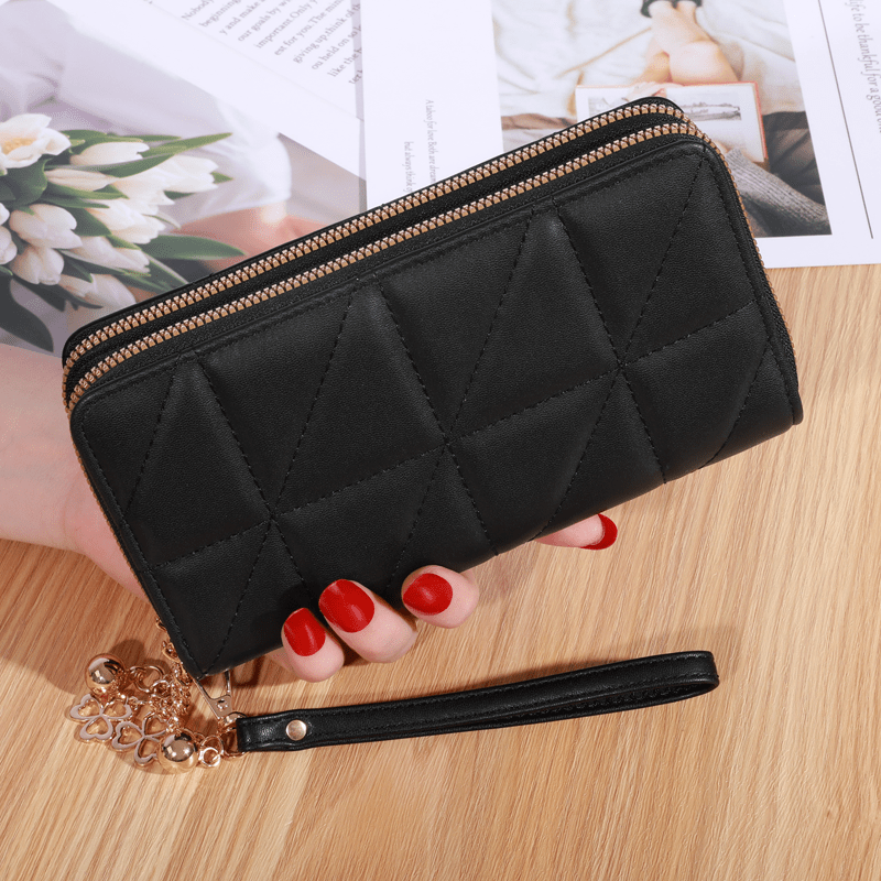 Quilted Double Zipper Clutch Wallet Long Coin Purse