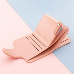 Compact Snap Button Faux Leather Wallet with Card Slots & ID Window