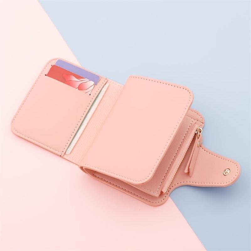 Compact Snap Button Faux Leather Wallet with Card Slots & ID Window