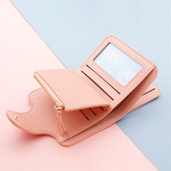 Compact Snap Button Faux Leather Wallet with Card Slots & ID Window