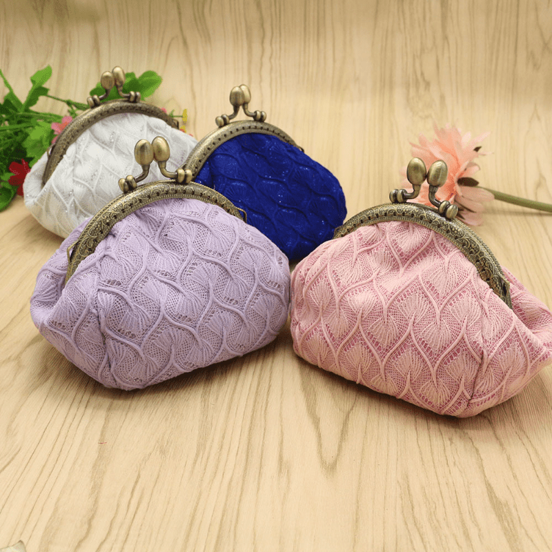 Vintage Knitted Coin Purse for Women Kiss Lock Wallets