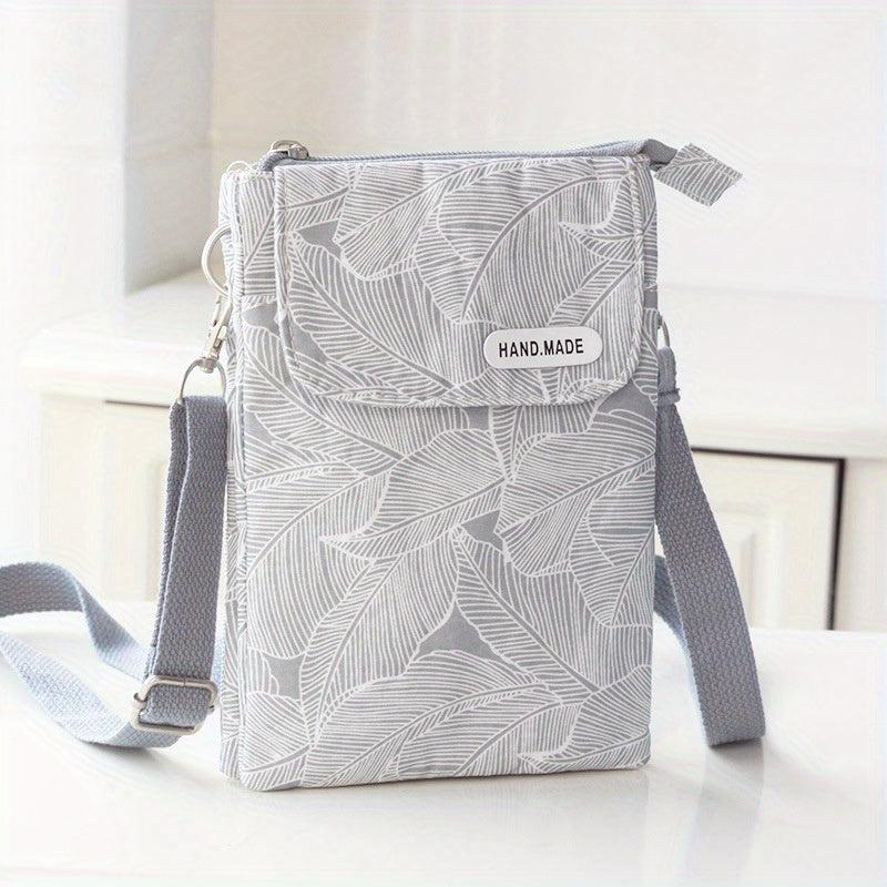 Leaf Print Phone Bag Adjustable Strap Zipper Shoulder Bag
