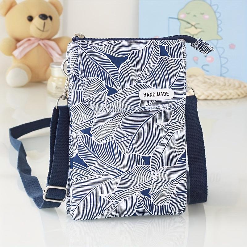 Leaf Print Phone Bag Adjustable Strap Zipper Shoulder Bag