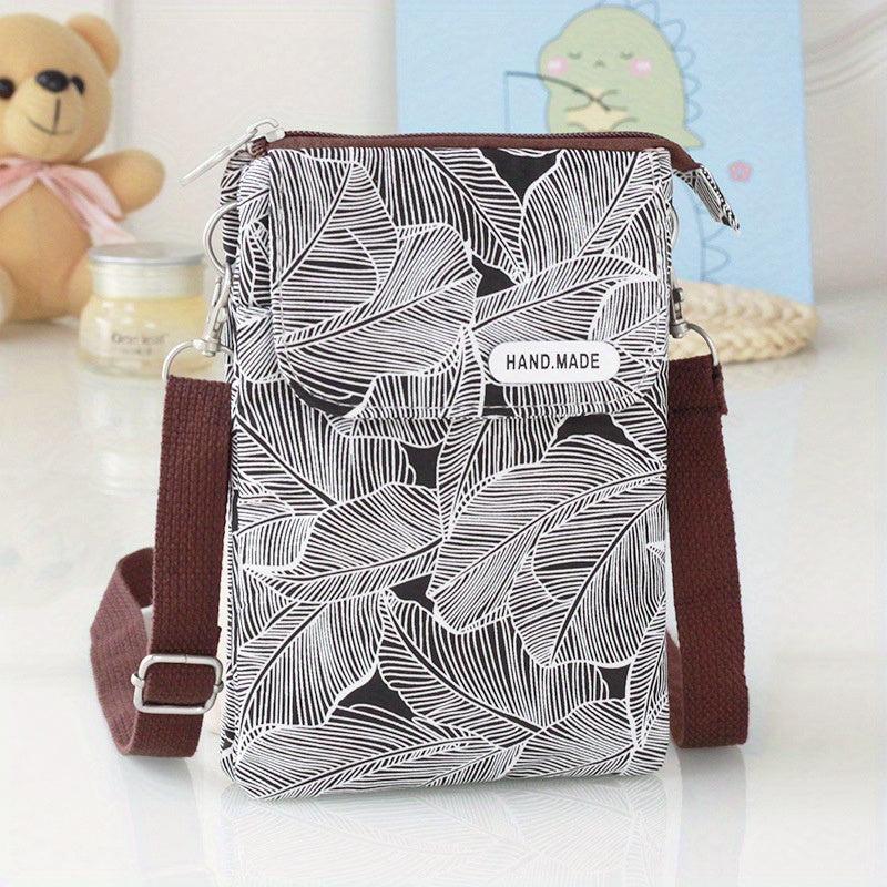 Leaf Print Phone Bag Adjustable Strap Zipper Shoulder Bag