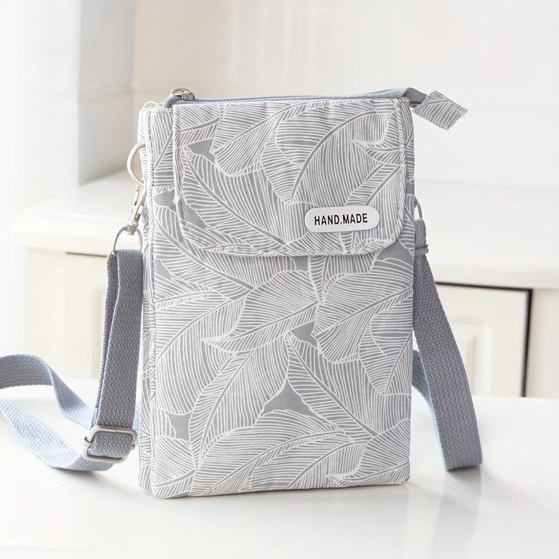 Leaf Print Phone Bag Adjustable Strap Zipper Shoulder Bag