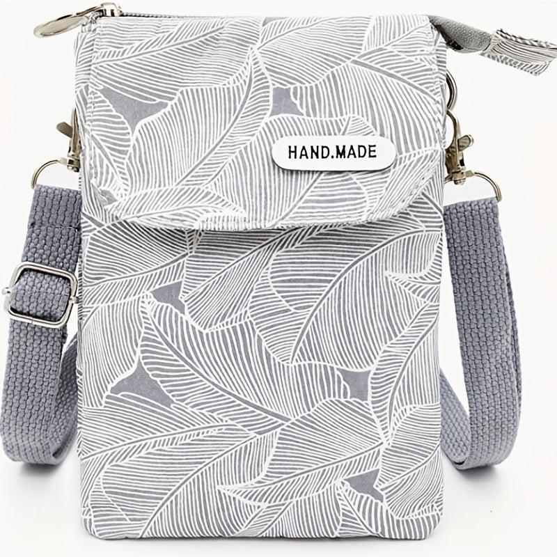 Leaf Print Phone Bag Adjustable Strap Zipper Shoulder Bag