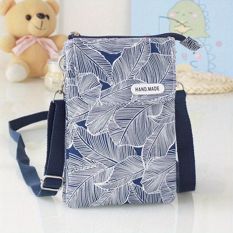 Leaf Print Phone Bag Adjustable Strap Zipper Shoulder Bag