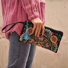 Vintage Embroidered Wallet Women's Zip Clutch Phone Case