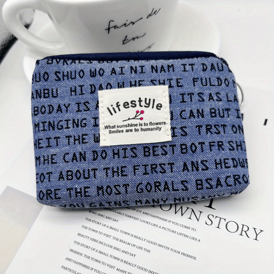 Mini Letter Printed Coin Purse Canvas Zipper Lightweight Daily Cash Case