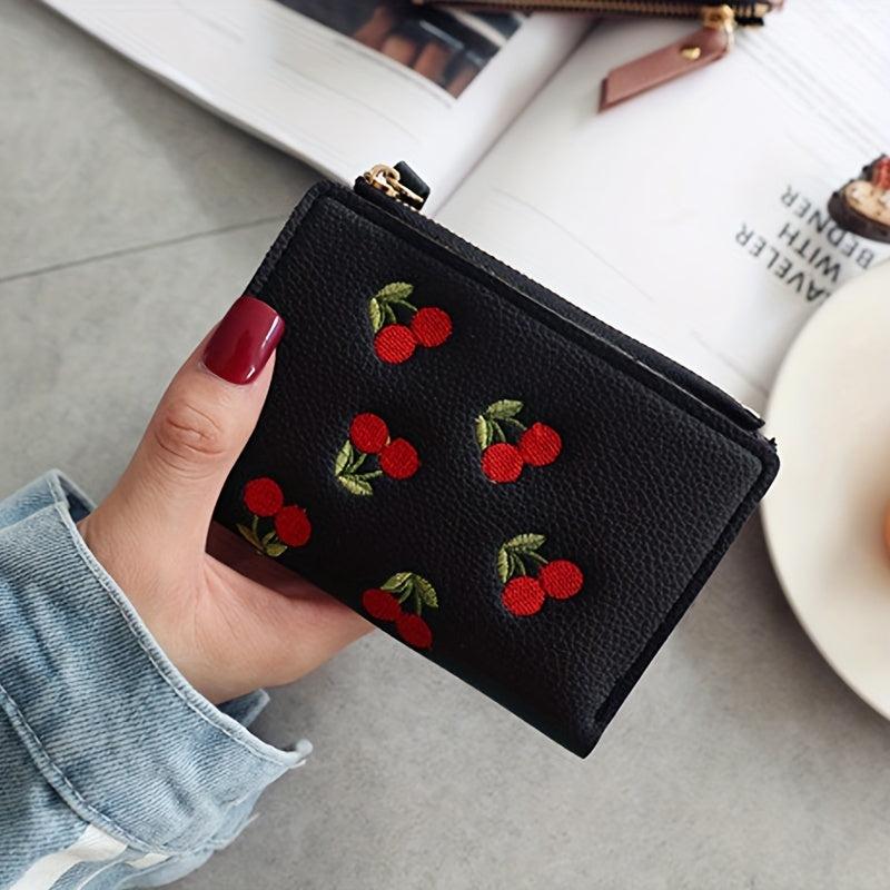 Cherry Embroidered Short Wallet Coin Purse Clutch Purse
