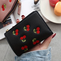 Cherry Embroidered Short Wallet Coin Purse Clutch Purse