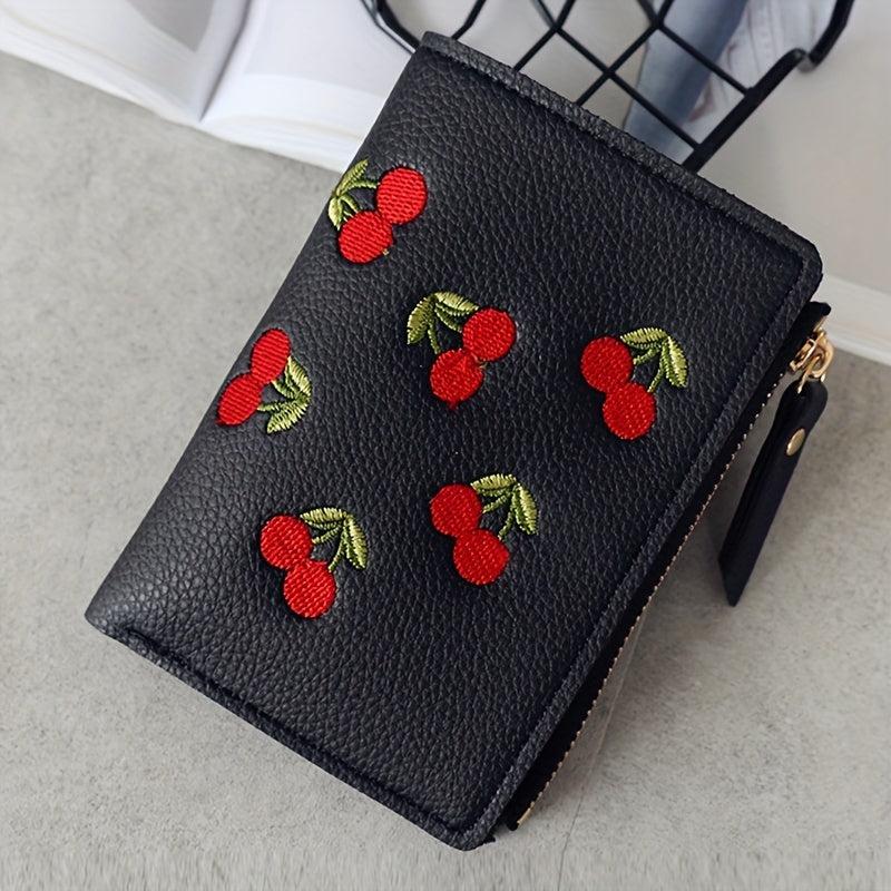 Cherry Embroidered Short Wallet Coin Purse Clutch Purse