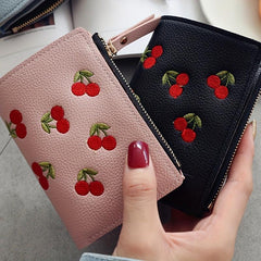 Cherry Embroidered Short Wallet Coin Purse Clutch Purse