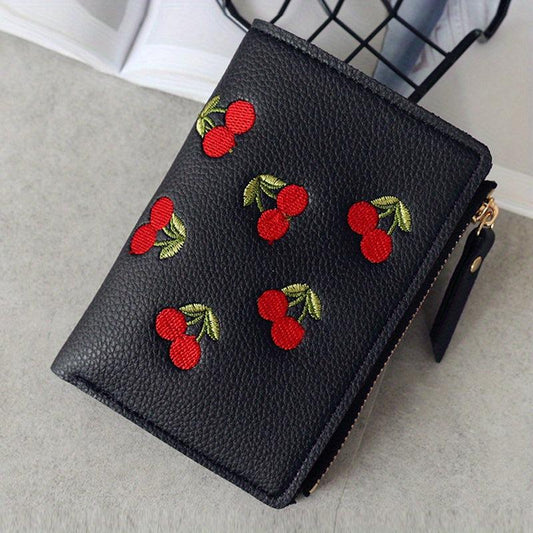 Cherry Embroidered Short Wallet Coin Purse Clutch Purse