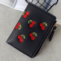 Cherry Embroidered Short Wallet Coin Purse Clutch Purse