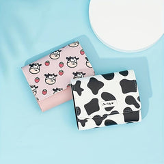 Cow Print Short Wallet Trifold Coin Purse Faux Leather Purse