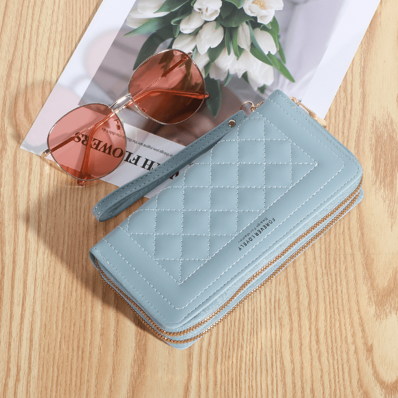 Argyle Quilted Clutch Wallet with Double Zipper Long Phone Bag