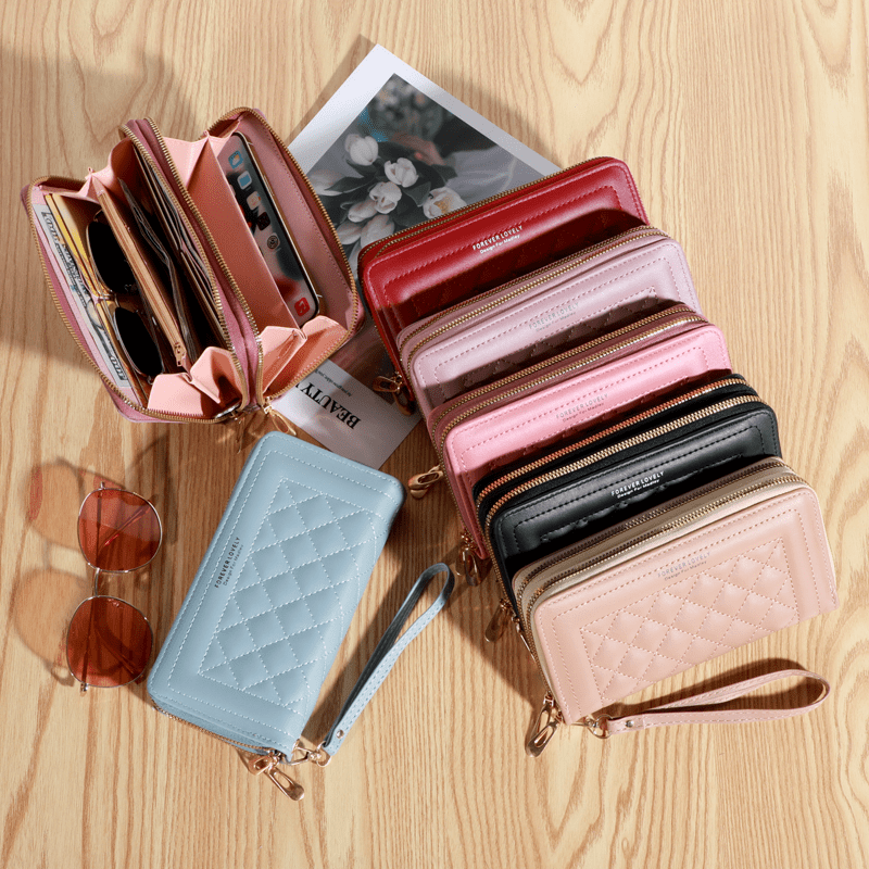Argyle Quilted Clutch Wallet with Double Zipper Long Phone Bag